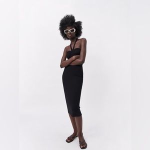 Zara Sweetheart Halted Neck Bodycon Midi Dress Small Black